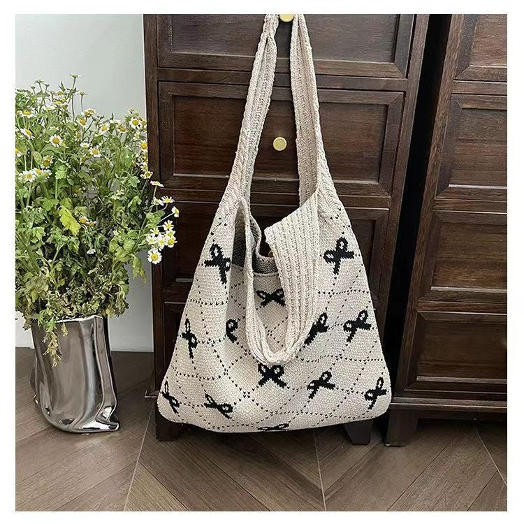 Bow High Sense Light Luxury Minority Shoulder Bag Casual Knitted Woven Bag