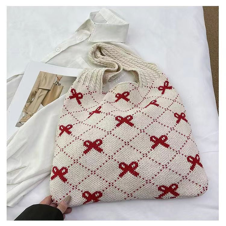 Bow High Sense Light Luxury Minority Shoulder Bag Casual Knitted Woven Bag