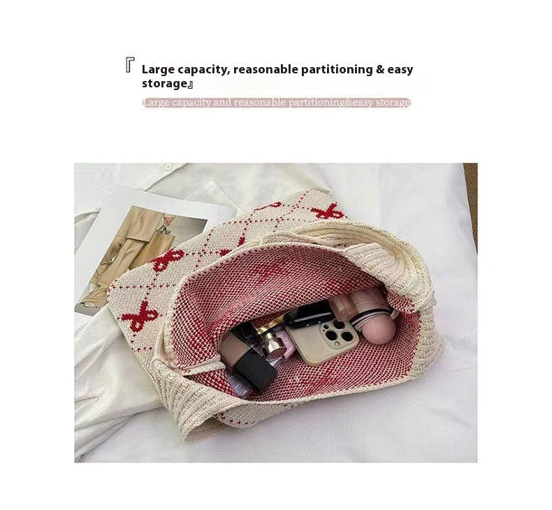 Bow High Sense Light Luxury Minority Shoulder Bag Casual Knitted Woven Bag