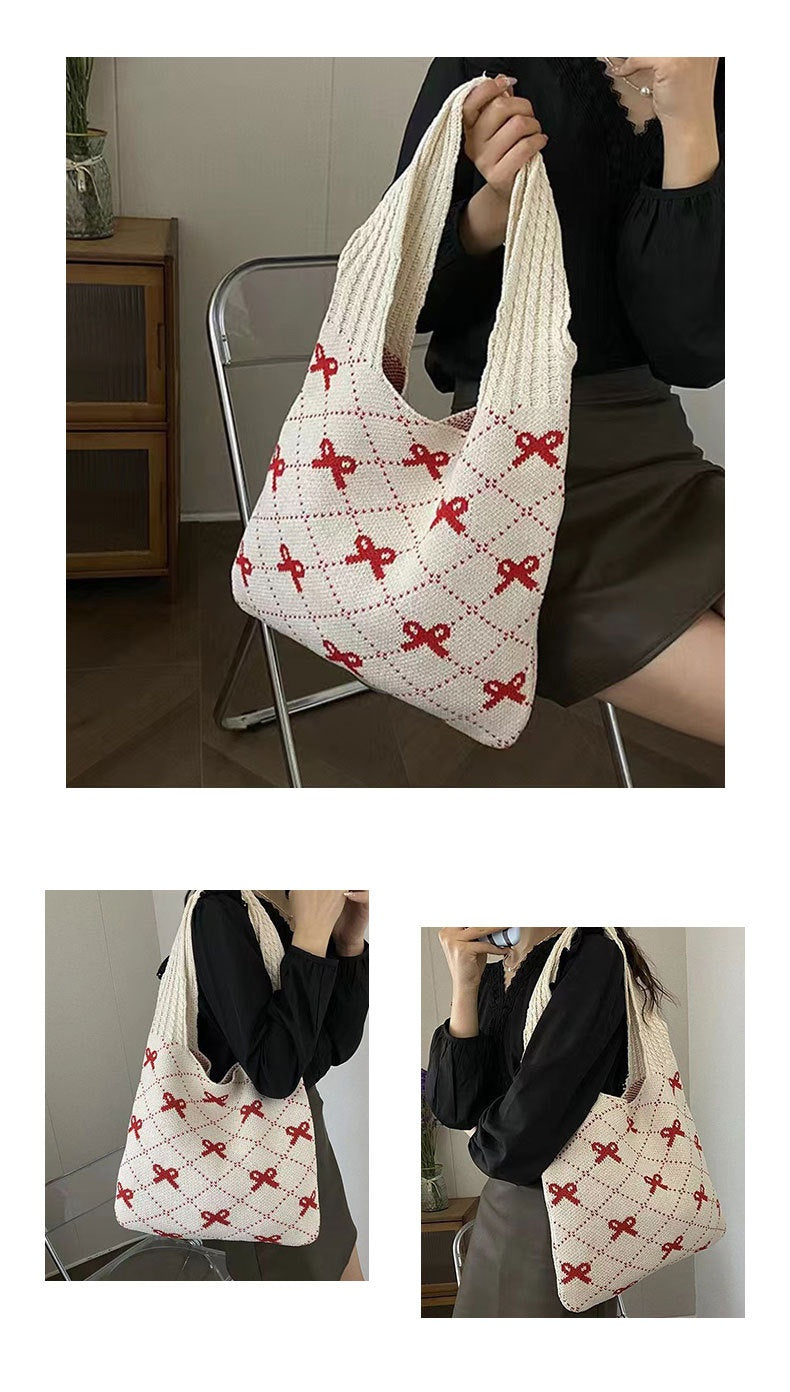 Bow High Sense Light Luxury Minority Shoulder Bag Casual Knitted Woven Bag