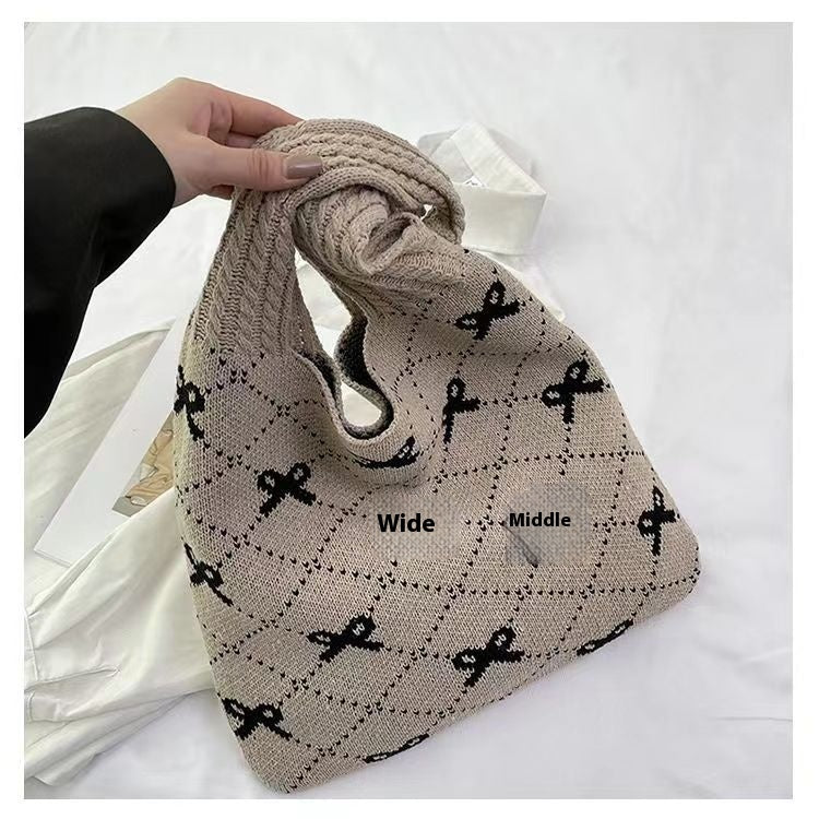 Bow High Sense Light Luxury Minority Shoulder Bag Casual Knitted Woven Bag